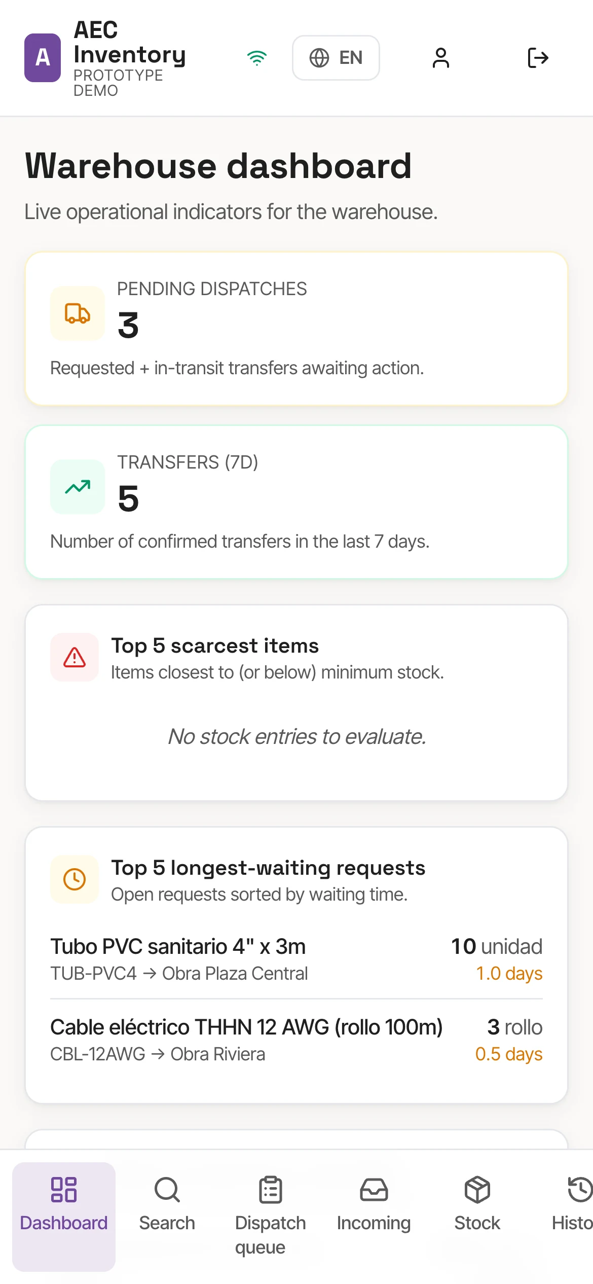 Construction Inventory on a phone showing the warehouse dashboard