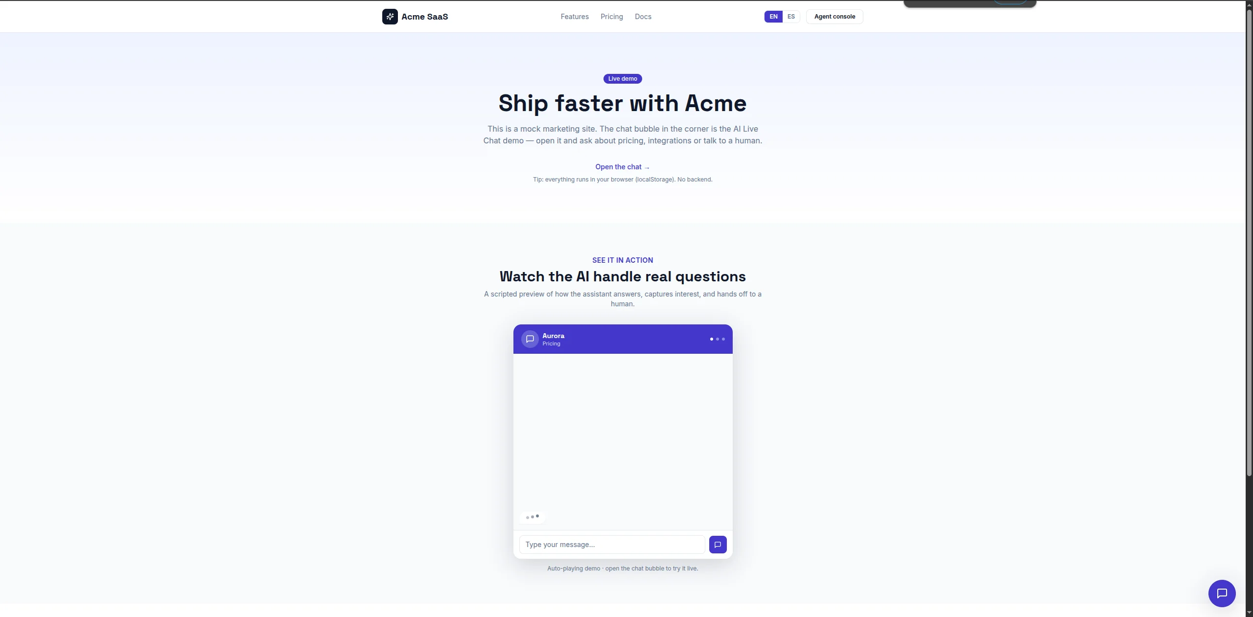 AI Live Chat agent console with metrics and the live conversation inbox